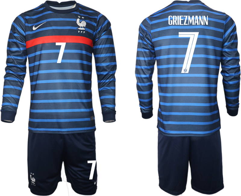 Men 2021 European Cup France home blue Long sleeve #7 Soccer Jersey